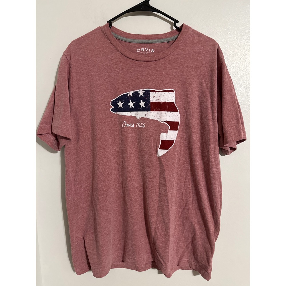 Orvis Mens American Flag Trout Graphic T-Shirt Red Heather Short Sleeve Large